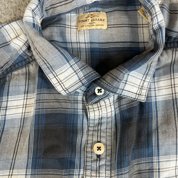 Tommy Bahama Jeans Flannel Shirt Mens Large Blue Plaid Button Long Sleeve Pocket - Picture 6 of 15